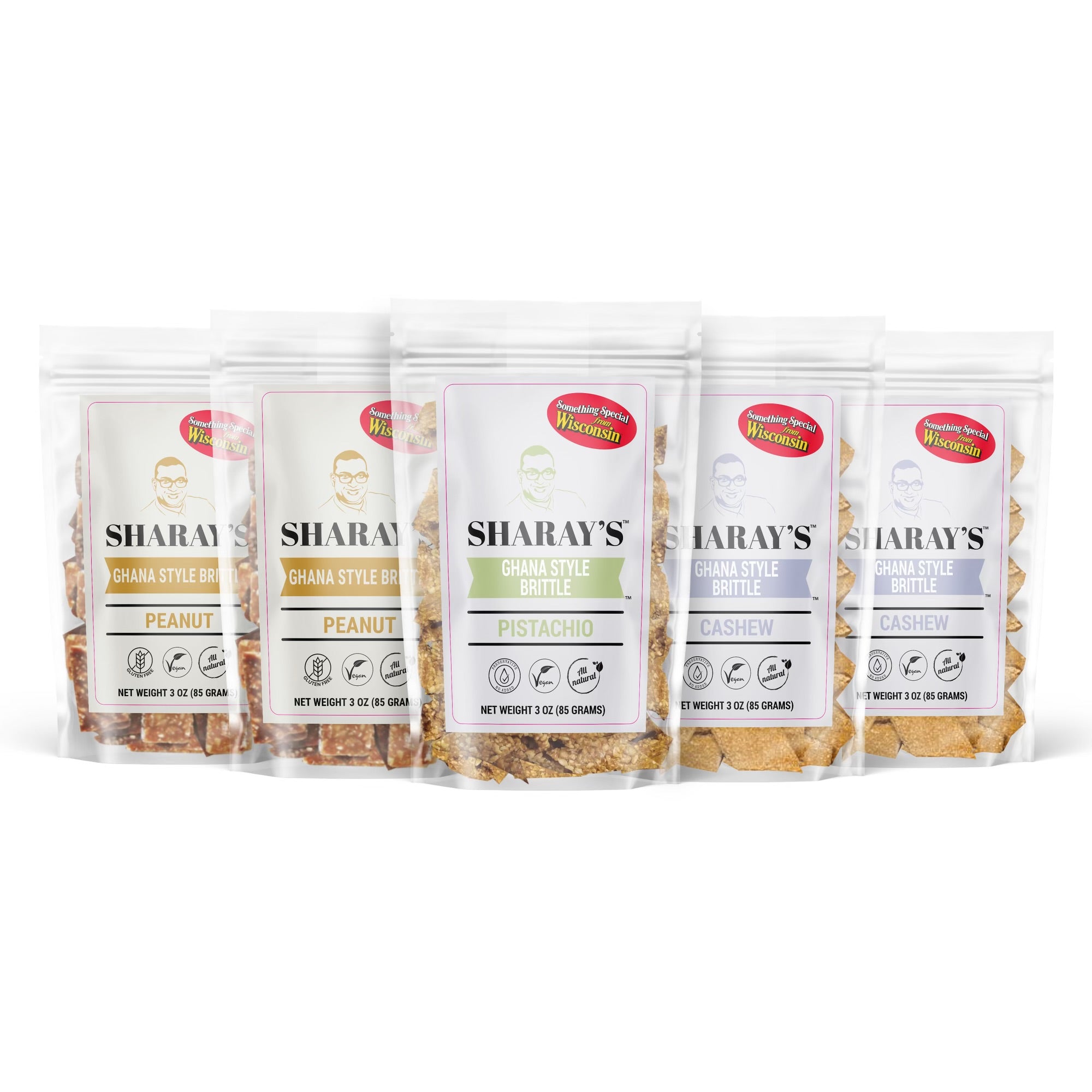 Bundle of brittle containing peanut, cashew and pistachio brittle 